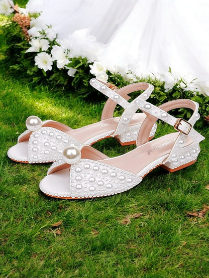 Women's Pearl-Embellished – Heel Low White Sandals