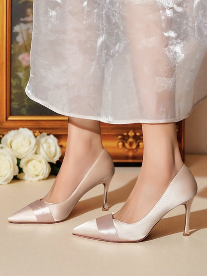 Heel High Pumps - Women's Pointed Toe Champagne Satin