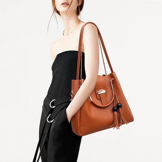 Tote Pink Leather - Handbag Faux Women's Set 3-Piece