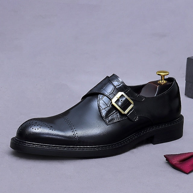 First Men's Genuine Strap Monk Black Leather Shoes-