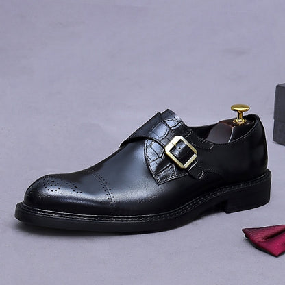 First Men's Genuine Strap Monk Black Leather Shoes-