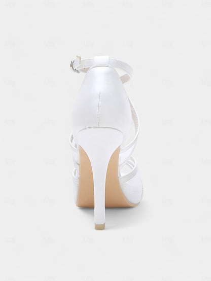 Satin High - White Heel Bridal Straps Sandals with Cross Perfect