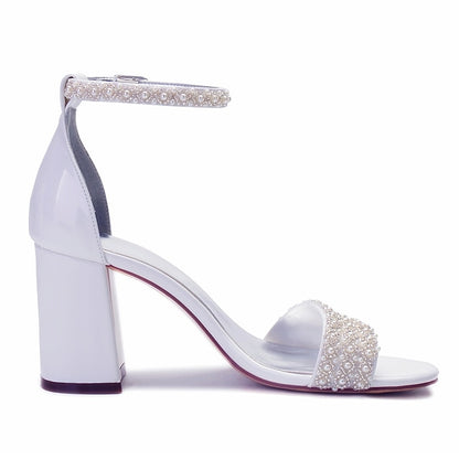 Pearl Strap White Embellished Ankle Ivory Women's Block