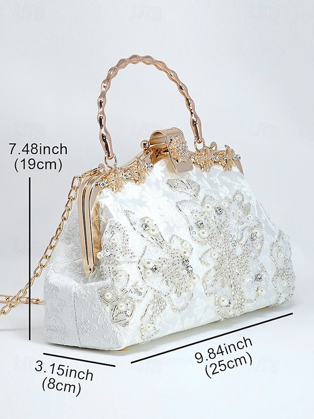 Handbag and Floral White Pearl Evening Elegant Lace with