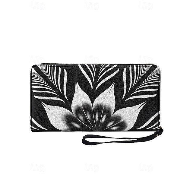 Floral Black Women's Wallet Faux White and Print –