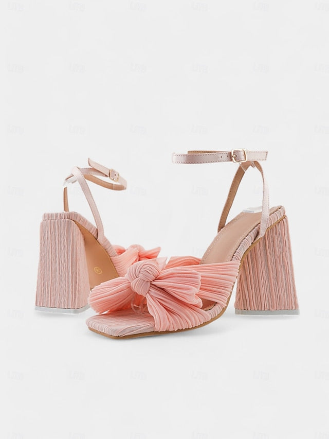 Textured Detail with Block and Gold Rose Knot Sandals Heel