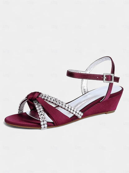 - Satin Green Rhinestone Wedge Sandals Knot Women's