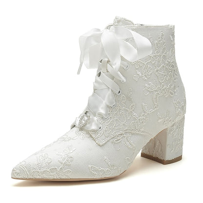 Bridal Women's – Booties Embroidered Lace-Up Floral White