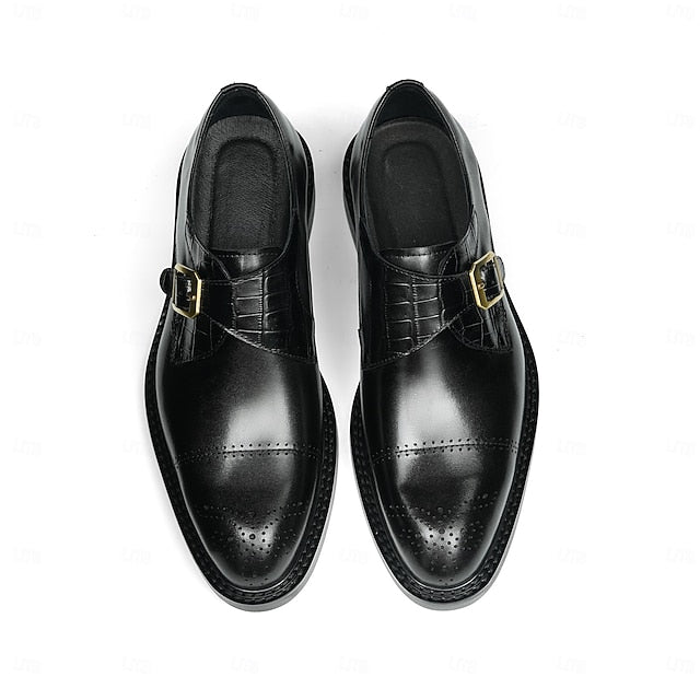 First Men's Genuine Strap Monk Black Leather Shoes-