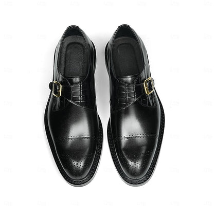 First Men's Genuine Strap Monk Black Leather Shoes-