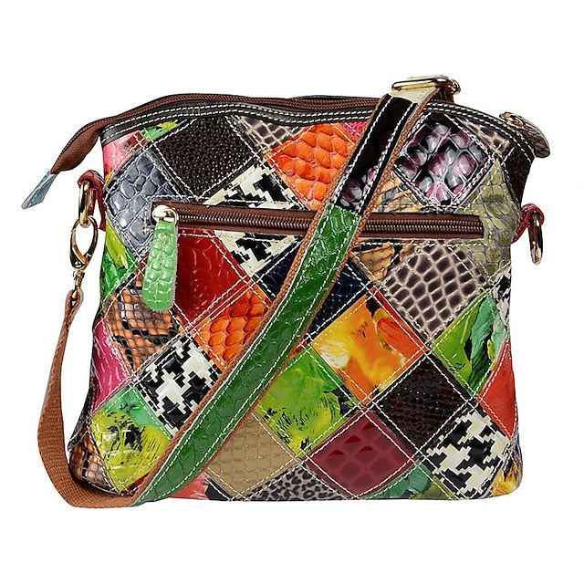 Women's Leather Shoulder Bohemian Colorful Patchwork - Bag