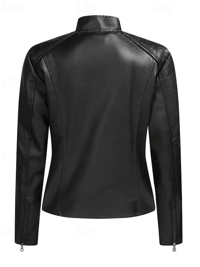 Pocket Women's Leather Faux Zipper Jacket Comfortable