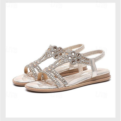 Rhinestone – Flat Boho Silver Sandals Women's T-Strap
