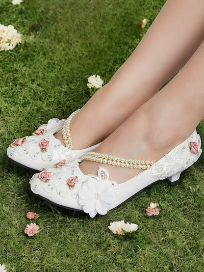 White Strap Heel Floral Embellished Pearl for Low Shoes Bridal