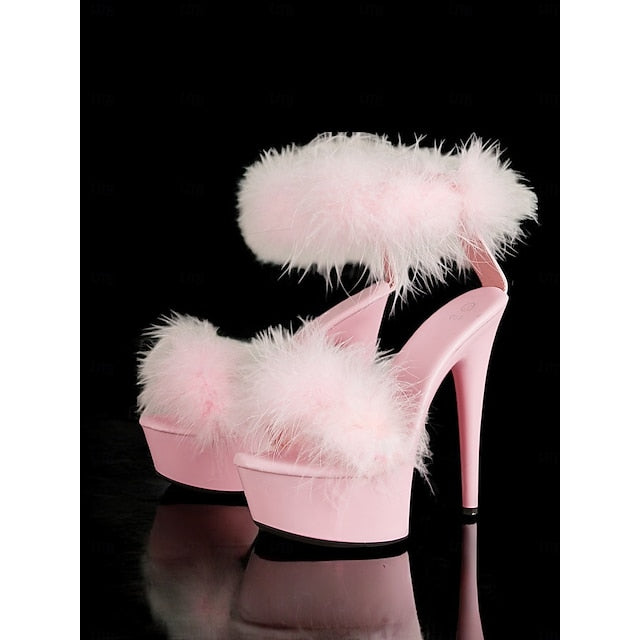 Fluffy Heels Platform Sandals High Pink with –Stylish