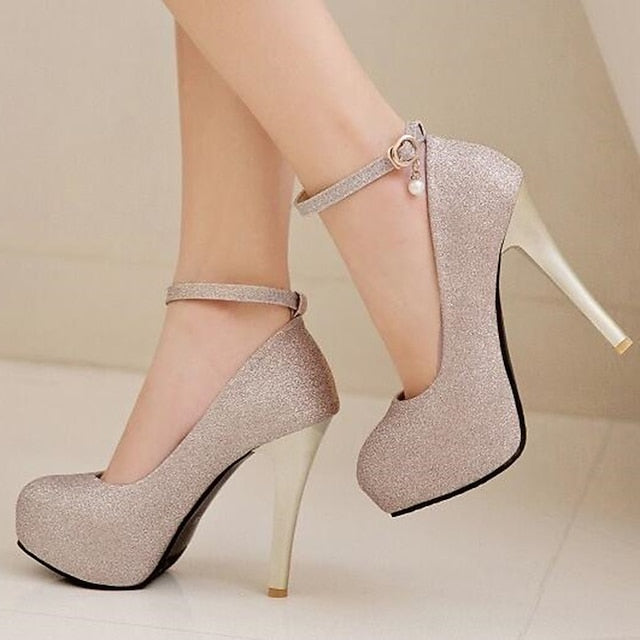 Stiletto Silver Heels Glitter Ankle Women's Platform with