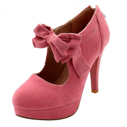 Women's Bow High Pumps Vintage Red Heel Platform Suede –