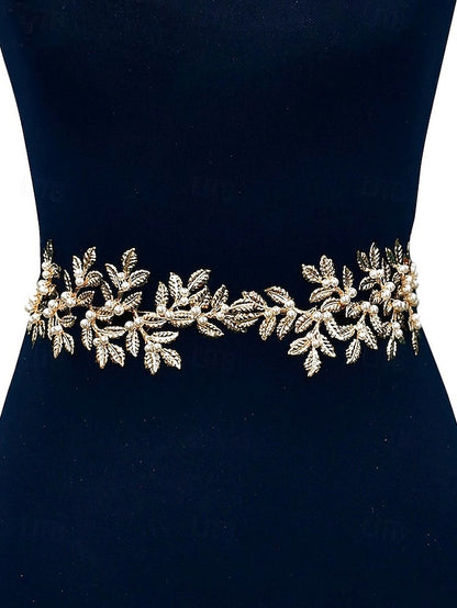 Elegant Leaf Accents Pearl Gold – Bridal Belt with