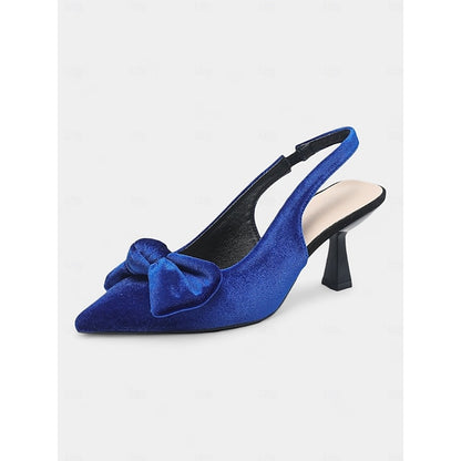 Bow Toe Blue Slingback with Pointed Women's Velvet Heels