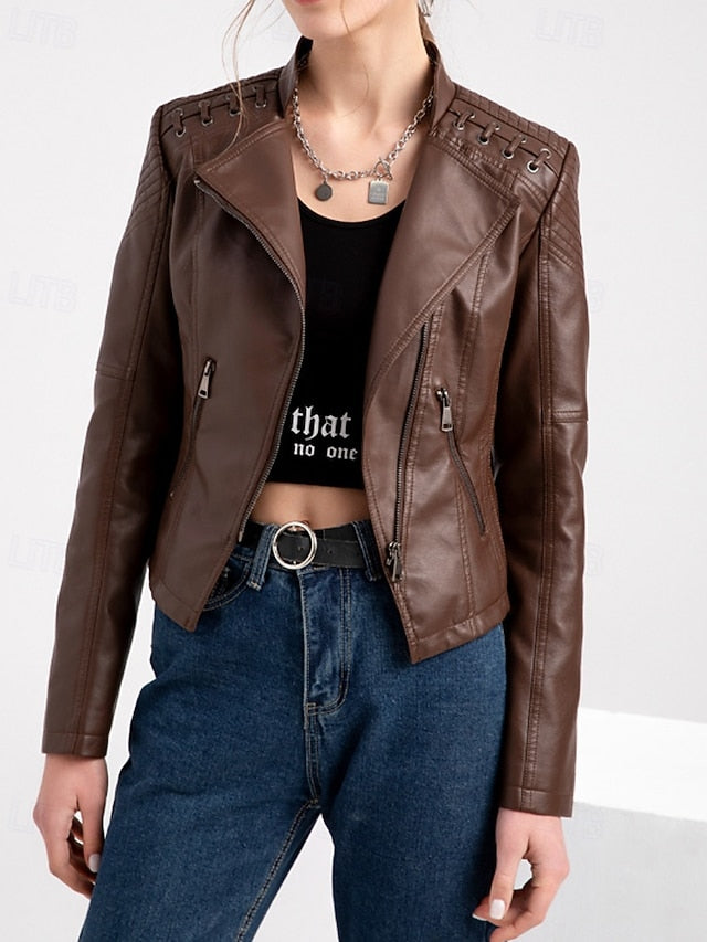 Jacket Zipper Leather Pocket Comfortable Faux Women's