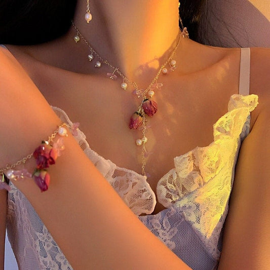 Real Dried Rosebud Necklace Earrings Bracelet Set