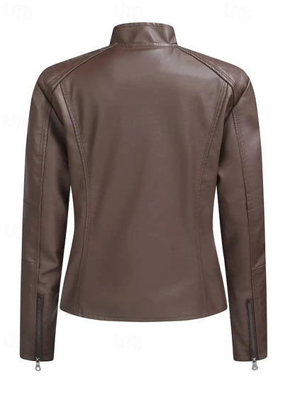 Pocket Women's Leather Faux Zipper Jacket Comfortable