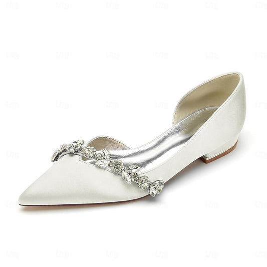 Shoes Pointed with Toe Crystal Wedding Satin Flat and White