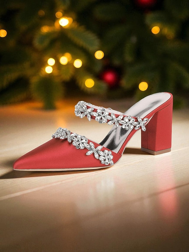 Heel Block Mules with Black Satin Floral Rhinestone Women's