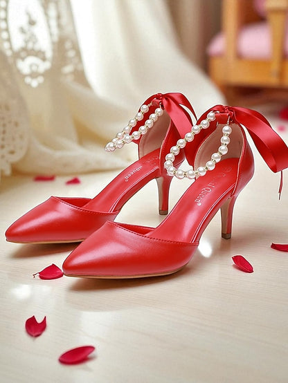 Heel - with Kitten Blue Women's Pumps Ankle Pearl Strap Bow