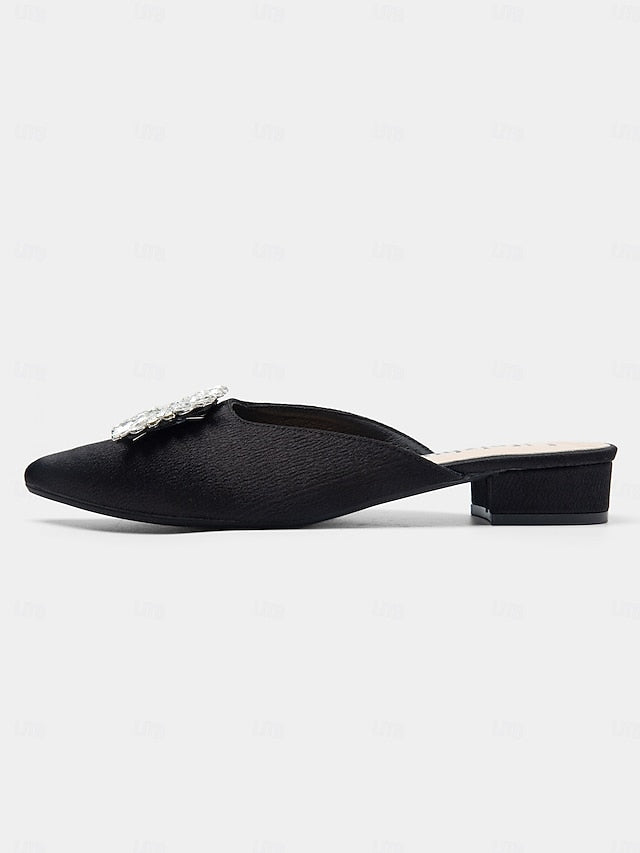 Black Women's Satin with Mules Rhinestone Pointed-Toe