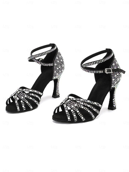 High Sandals with Heel Tan Latin Rhinestone-Embellished Dance