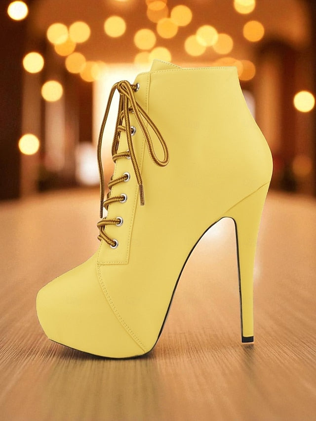 Leather Ankle Beige Platform Faux Women's - Boots Lace-Up