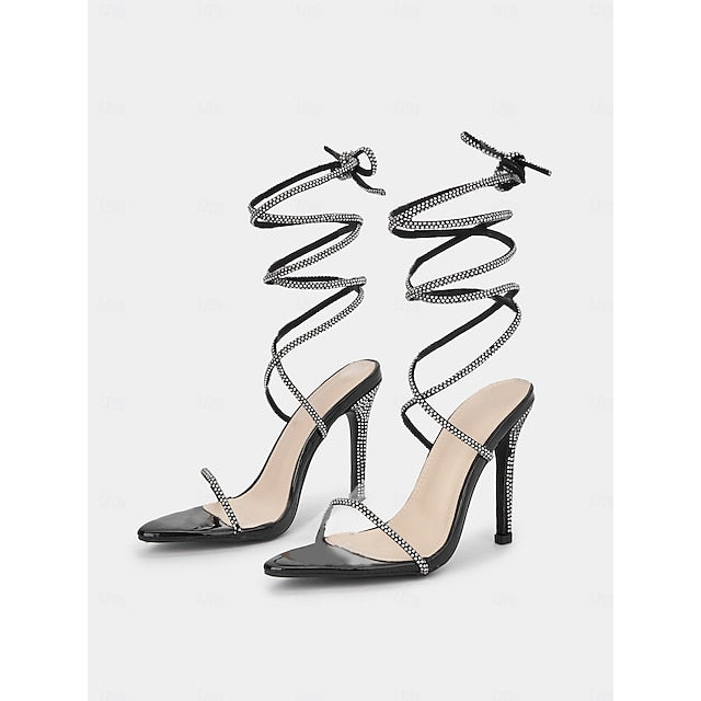Sandals Rhinestone Black Sexy Women's – Lace-Up Stiletto