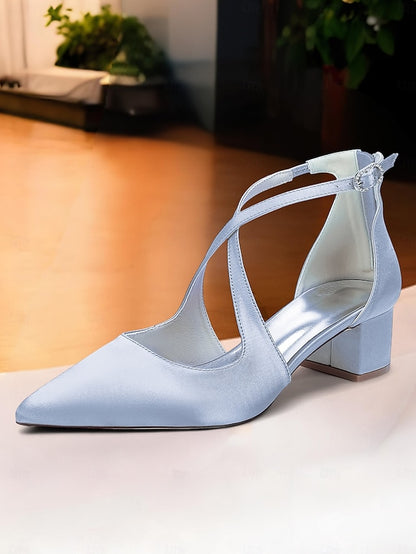 - Block Heels Women's Elegant Toe Pointed Ivory Satin