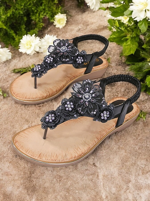 Women's Floral Sandals Pink T-Strap – Lace Embellished