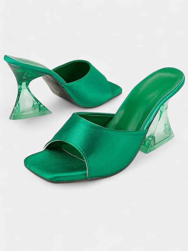 Open-Toe Heels Block with Mules Green Satin for Transparent