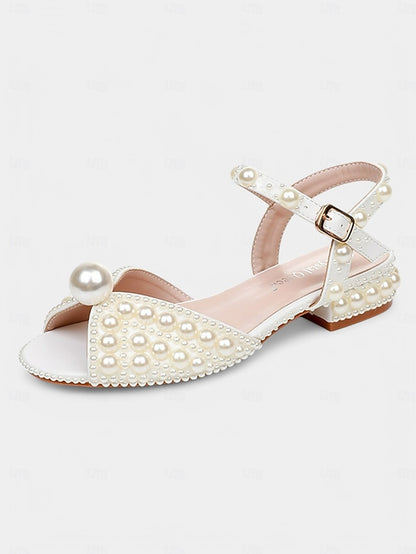 Women's Pearl-Embellished – Heel Low White Sandals