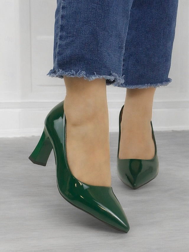 Heel Green Leather Faux Glossy Patent Pumps Pointed-Toe Block