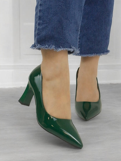 Heel Green Leather Faux Glossy Patent Pumps Pointed-Toe Block