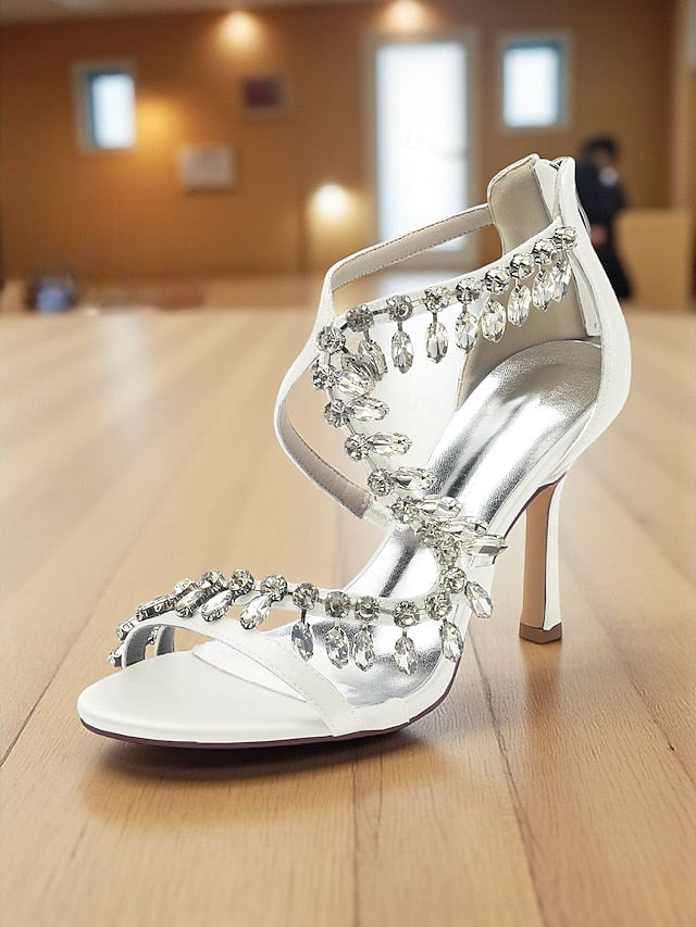 Women's Heel Rhinestone High Sandals Strappy with White