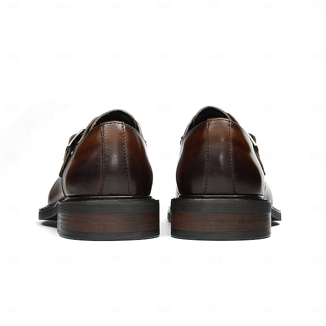 First Men's Genuine Strap Monk Black Leather Shoes-