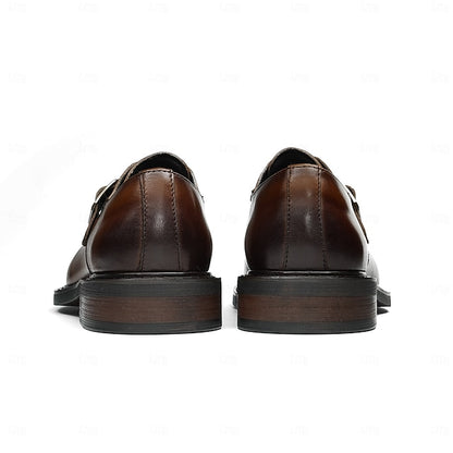 First Men's Genuine Strap Monk Black Leather Shoes-