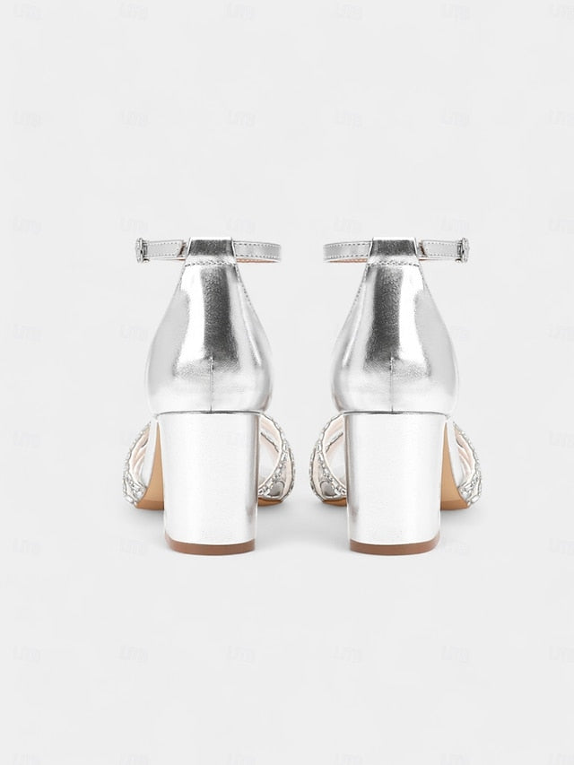 with Heel Sandals Silver Rhinestone Block Metallic Strappy