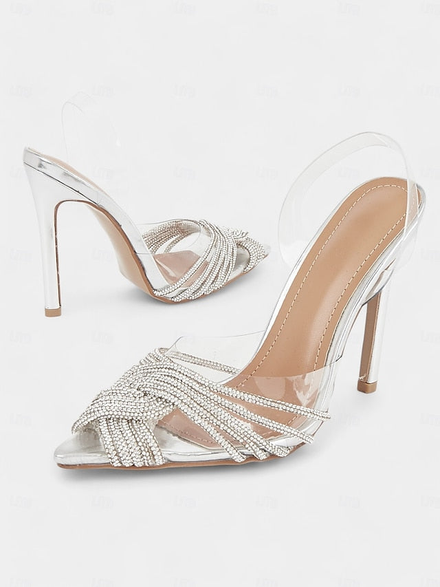 Silver with – Sandals Stiletto Straps Rhinestone Transparent