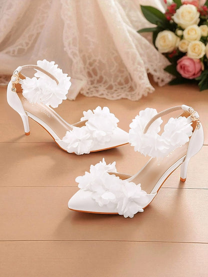 Ankle Women's Heels - Strap Pointed Floral White Elegant