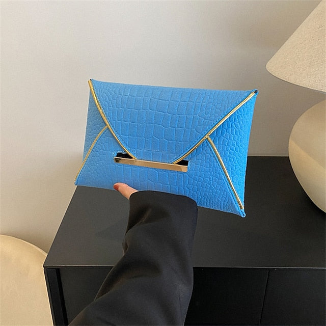 Metal Yellow Envelope Handle Women’s Clutch with Croc-Embossed