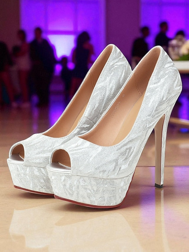 Subtle Women's Silver Heels with Platform Peep-Toe Pattern