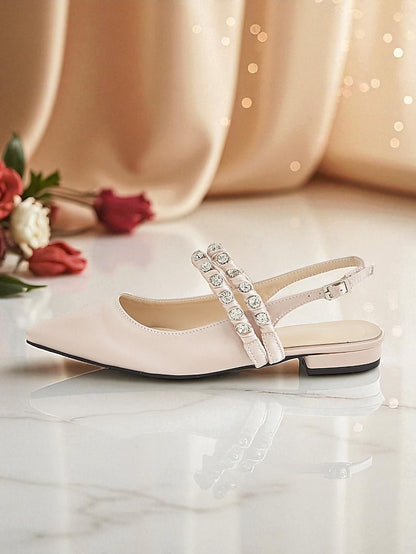 Satin Women's Pointed Flats Slingback - Rhinestone Toe