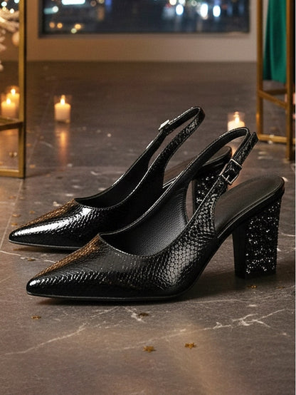 Block Toe Gold - Pointed Women's Slingback Pumps with Heel