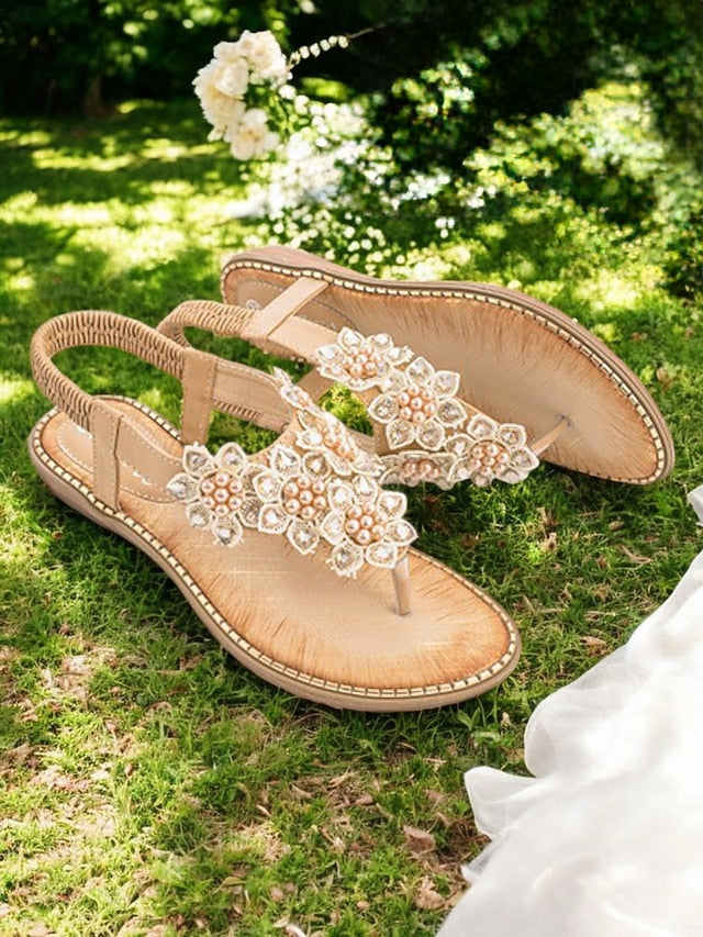 Comfortable Beaded Floral with Design Flat Slip-Ons